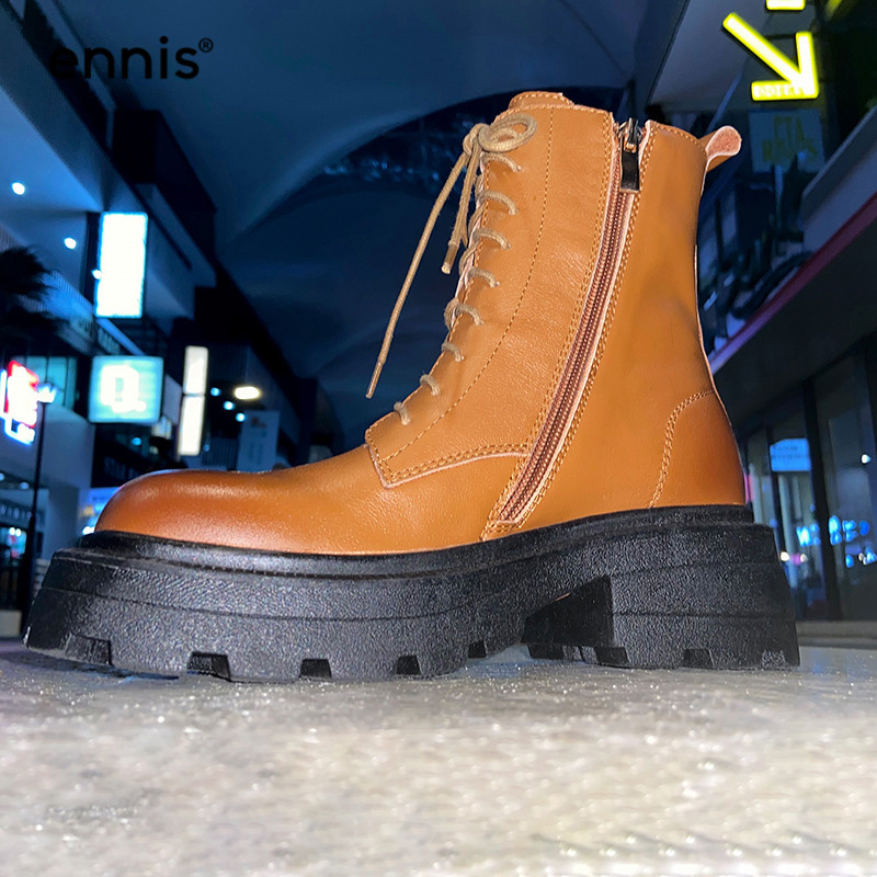 

ENNIS Autumn Winter Boots Genuine Leather Lace Up Boots Women Thick Bottom Double Zipper Female Punk Shoes A0251, Black