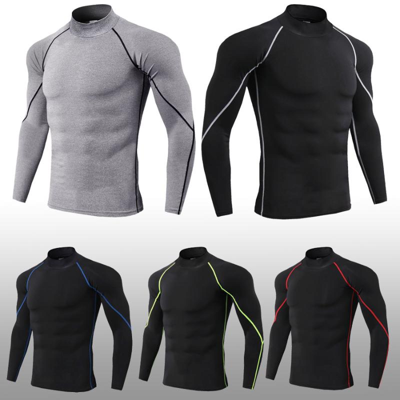

Weightlifting Men's Turtleneck Compression Shirts Gym Gyms T Shirt Long Sleeve Tight Fitness men's sportswear, Gray