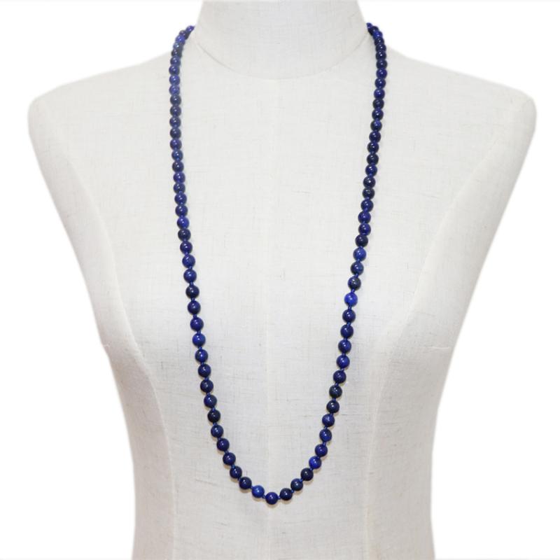 

Simple Blue Beads Long Necklace Natural Lapis Lazuli Stone Fashion Jewelry for Women Chain Femme Statement Necklaces 36" A960