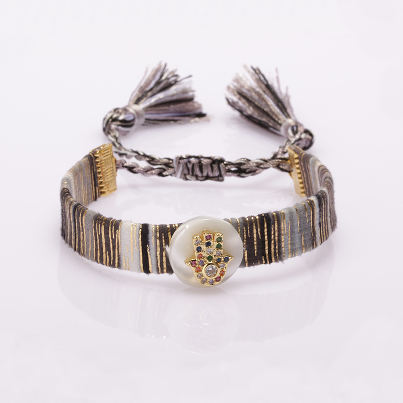 

gold mix cz paved Fatima's hand evil eye protection charm shell bead bohemia boho silk ban bracelet unisex hand wrist jewelry