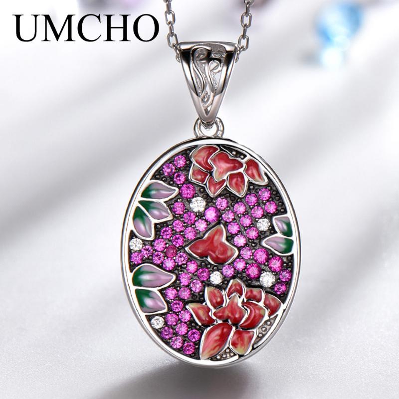 

UMCHO Ruby Gemstone 925 Sterling Silver Handmade Colorful Enamel Necklaces for Women Flower Lotus Design Acessorios for Women