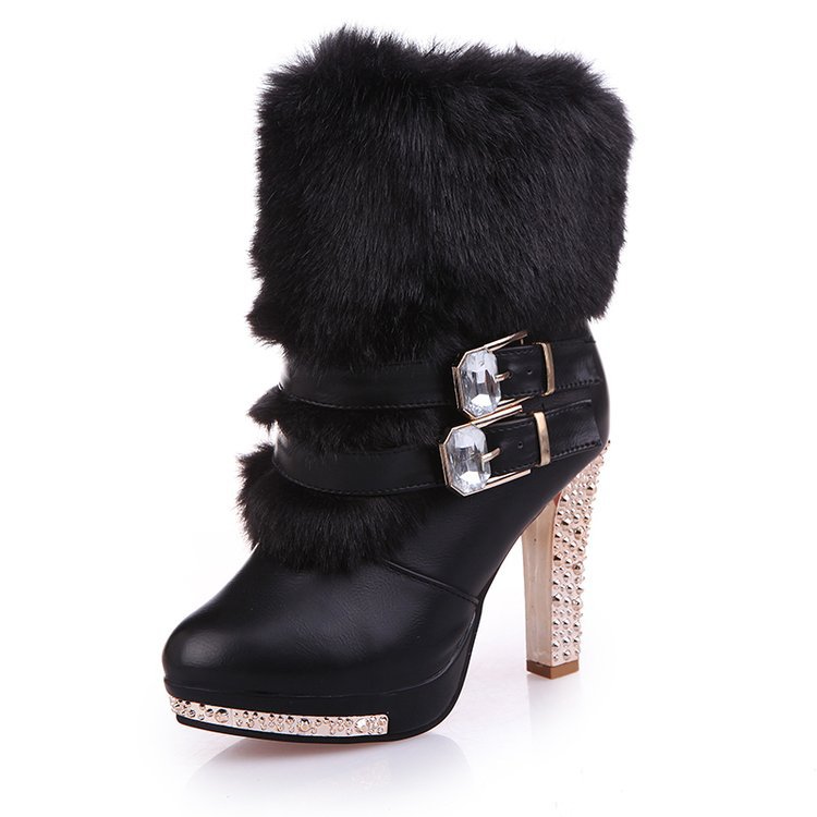 

COWCOM Women's Boots Winter Large-sized Thick-heeled Wool Mid-boots High-heeled Leather Belt Buckled Wool Warm FZZ-2397, White