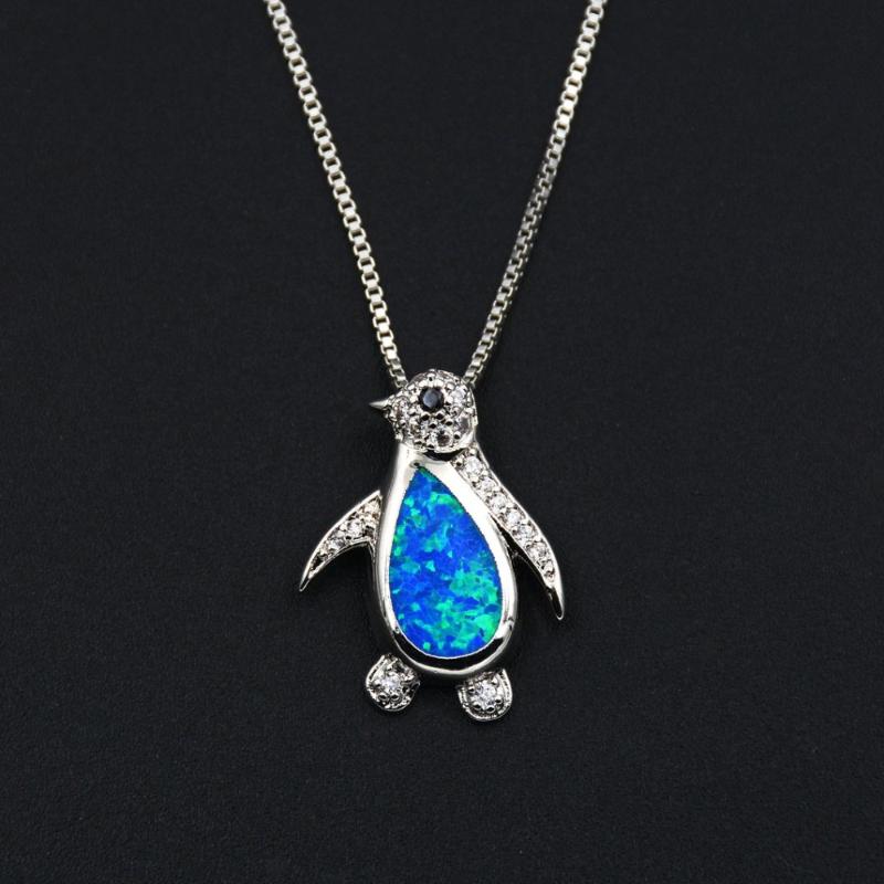 

Little Penguin Design Blue Fire Opal Animals Pendant Necklace for Gift