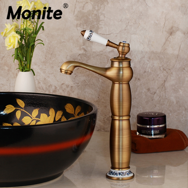 

Monite Tall Antique Brass Chrome Basin Mixer Golden Bathroom Faucet Deck Mounted Basin Sink Mixer Tap Water Faucet Teapot Mouth