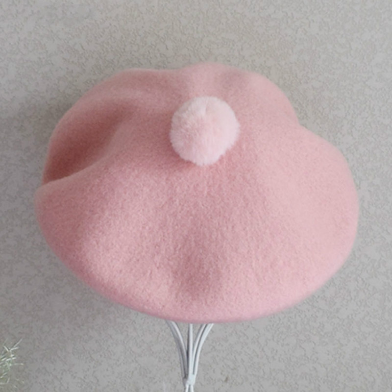 

Lady winter wool Beret Women Girls Painter hat Vintage Berets Solid Color Caps Female Bonnet Warm cute pom pom Walking Cap, Black