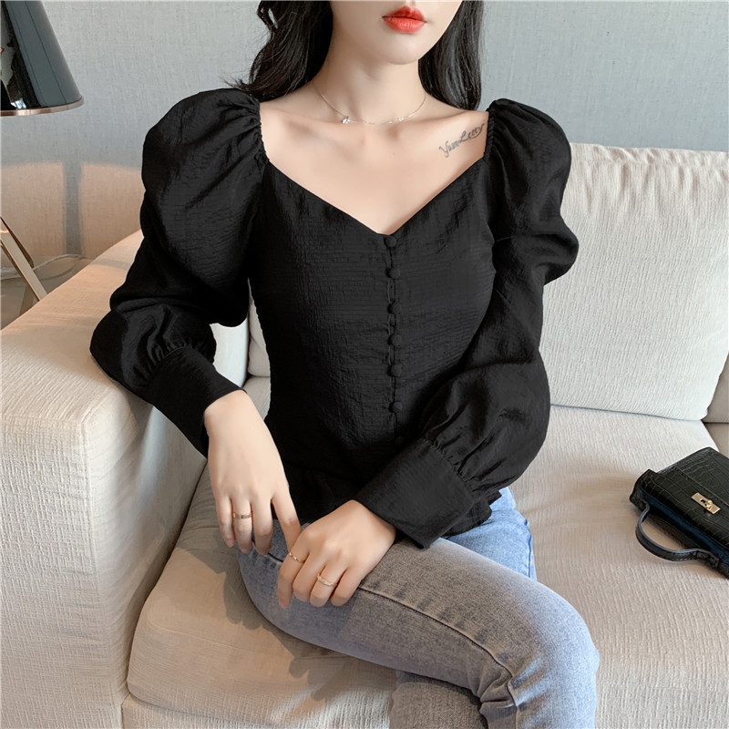 

2020 Autumn New Korean Women Sexy Black V-neck Temperament Short Casual Shirt Waist Fashion All-match Blouse Women Free Shipping