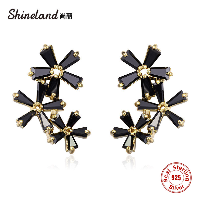 

Shineland 925 Sterling Silver Fashion Flower Black Zircon Stud Earrings For Women Party Jewelry Ear Earring