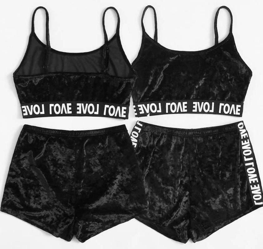 

2pcs Velvet Sleepwear Sets Womens Nightwear Two Piece Suits Summer Spaghetti Strap Shorts Girl Sexy Underwear Pajamas Set, Multi-color
