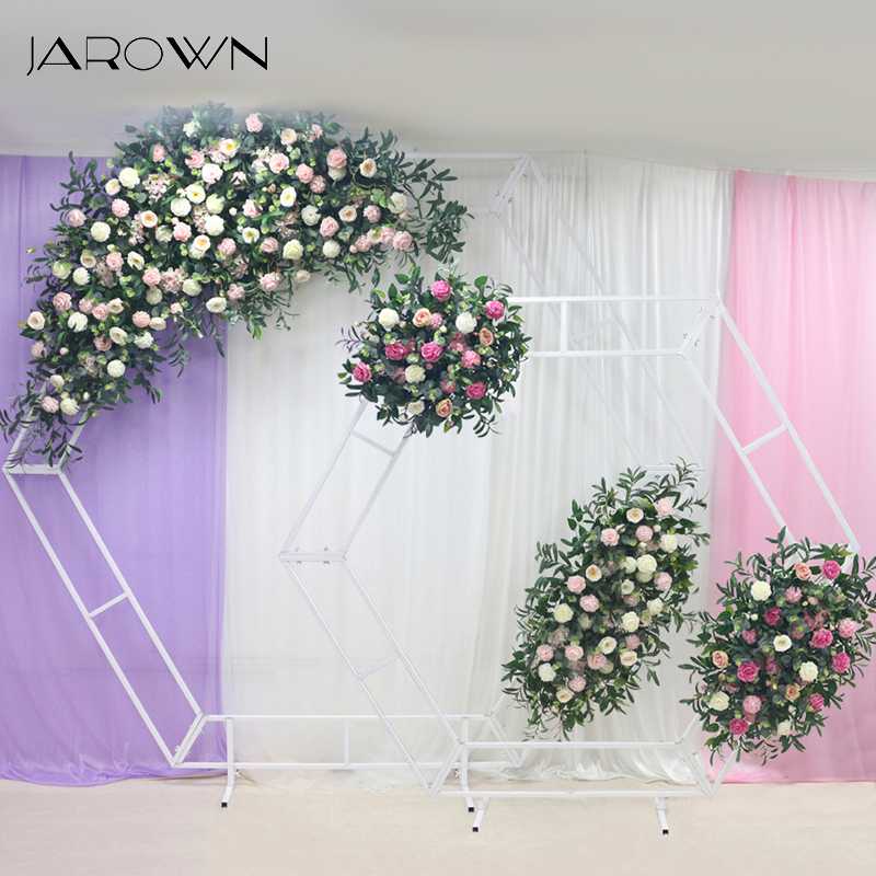 

JAROWN Artificial Rose Hydrangea Flower Row Iron Hexagon Arch Wedding Flower Stand Set Stage Party Decoration, Rose red flower row