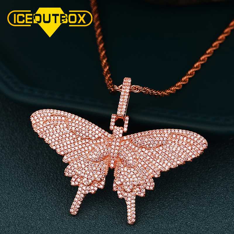 

ICEOUTBOX Butterfly Animal Pendant Necklace Rose Gold Cuban Chain Cubic Charm Crystal For Women Men's Hip Hop Rock Jewelry Gifts