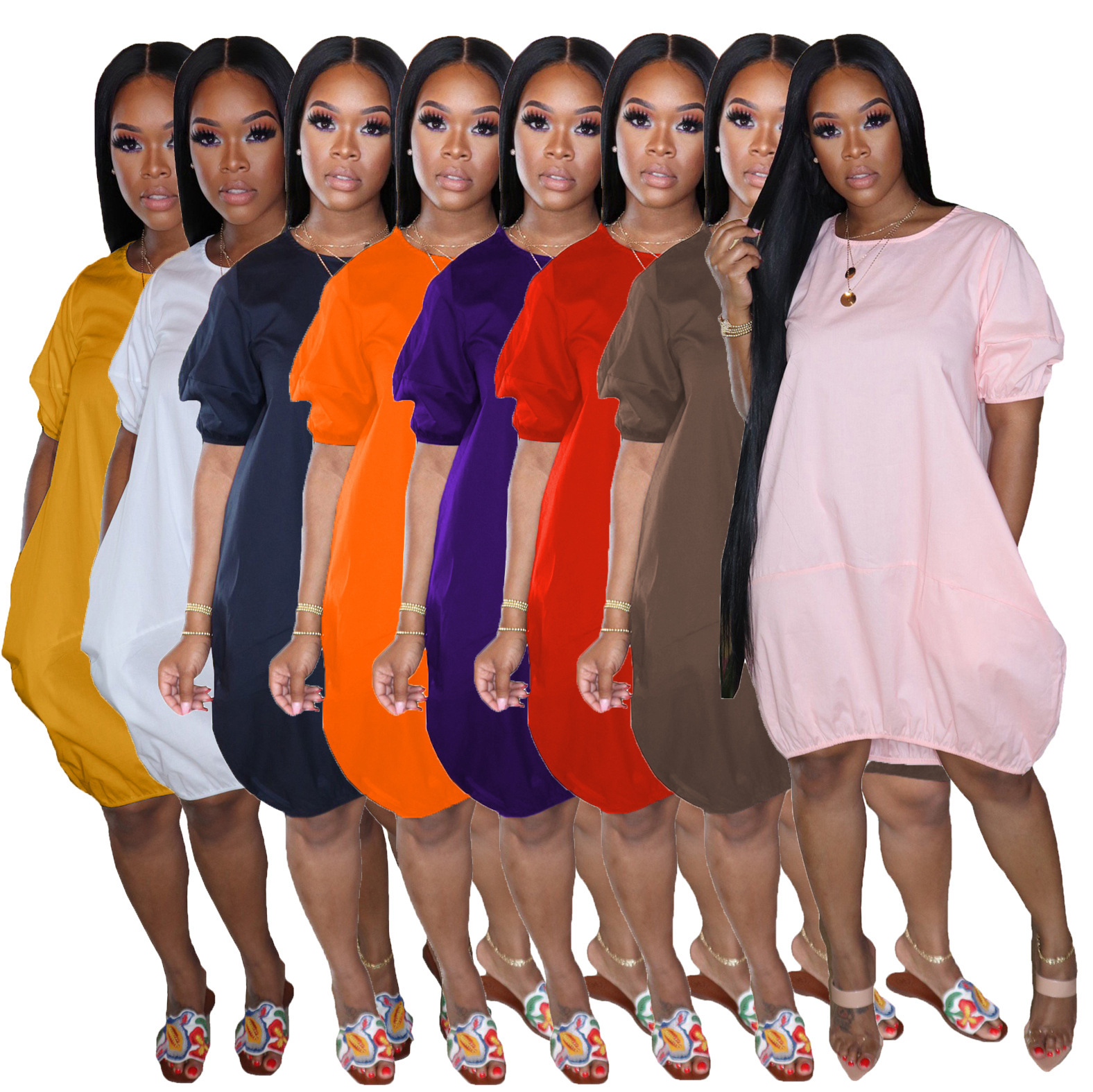 

Summer Women Dresses Fashion Bubble Large Size T-shirt Lantern Skirt Short Sleeve Homewear Pullover Comfortable Clubwear -2XL, Orange 0