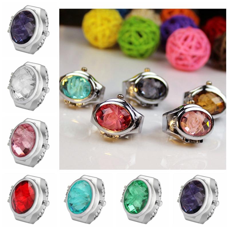 

Crystal Oval 3D Gem Flower Clamshell Ring Watch Women's Luxury Elegant Adjustable Elastic Ring Flip Finger Quartz Watch Jewelry