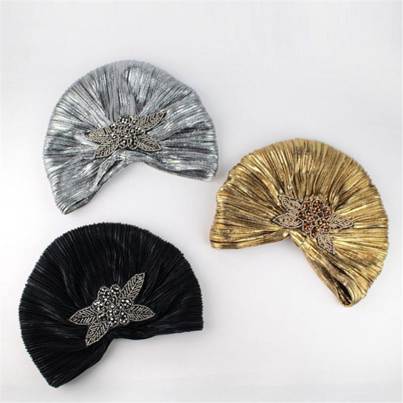 

Luxury Designer Turban Hat for Muslim Beaded Arabic Caps Ladies African Head Wrap Pleat Bonnet Beanie Women Shiny Party Headwear, Black