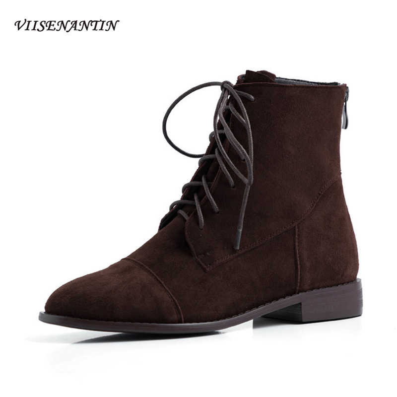 

Nubuck Leather Lace-up Round-toe Boots Back Zipper Comfortable Flat-bottomed Short Boots Retro Short Tube Women Ankle, Black