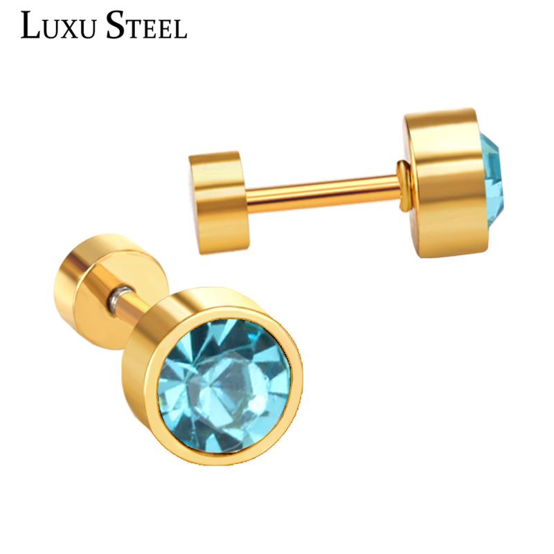 

LUXUSTEEL Blue/Red/White/Pink Round Cubic Zirconia Screw Stud Earrings For Sensitive Ear Wholesale Party Ladies/Gift