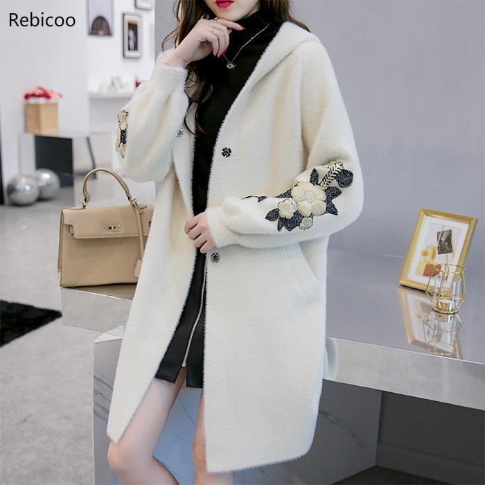 

New Women Long Outwear Faux Fur Coat Autumn Winter With Hat Embroidered Warm Single Breasted, Beige