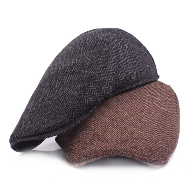 

HT1100 New Fashion Wool Felt Mens Berets Winter Warm Striped Flat Caps High Quality Cabbie Newsboy Driver Ivy Caps for Men, Black