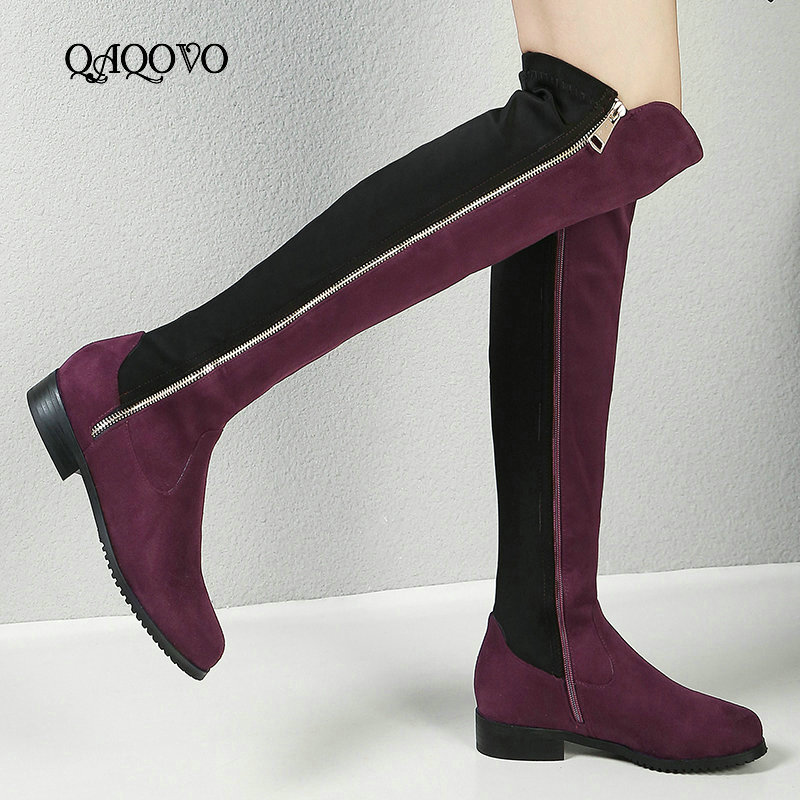 

Fashion Stretch Women Boots comfy Low Heel Round Toe Knee High Boots Women Mixed Colors Fall Winter Shoes Big Size 34-43, Black