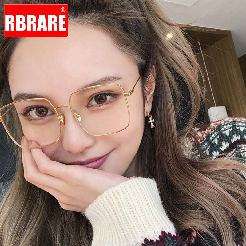 

RBRARE Oversized Square Glasses Women Anti-blue Light Reading Glasses Women Metal Eyeglasses Frame Women/Men High End Okulary