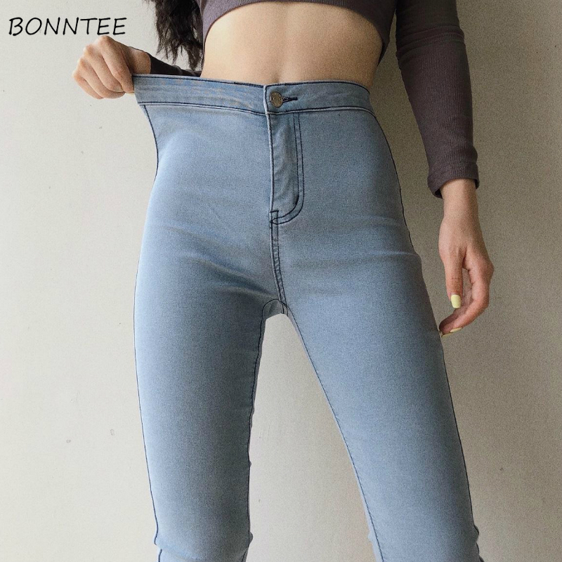 

Jeans Women Solid Denim Washed Vintage Basic Autumn High Elasticity Trendy Skinny Wrap Hip Ulzzang Sexy Lady Elegant Daily Full, Light blue