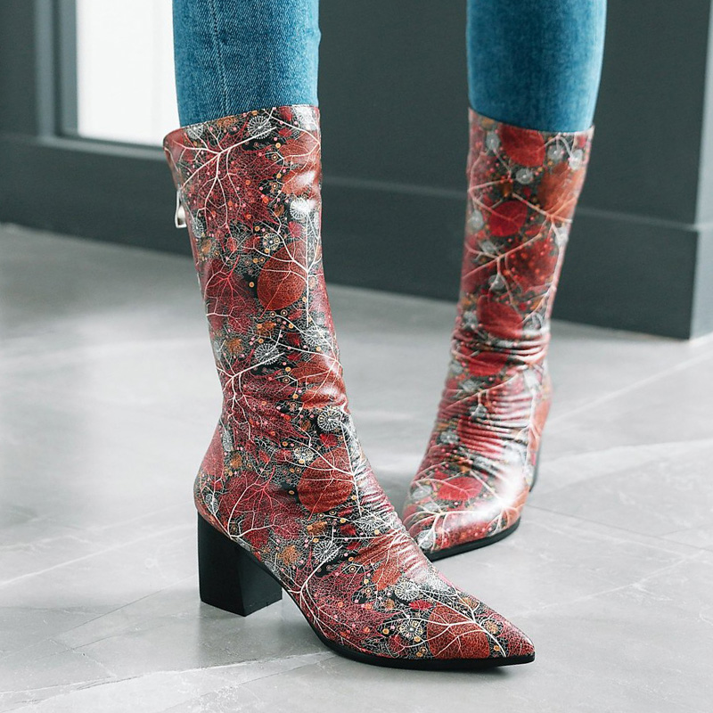 

AIWEIYi Pointed Toe High Heels Woman Boots Floral Print Mid-calf Autumn Winter Thigh, C-3pink