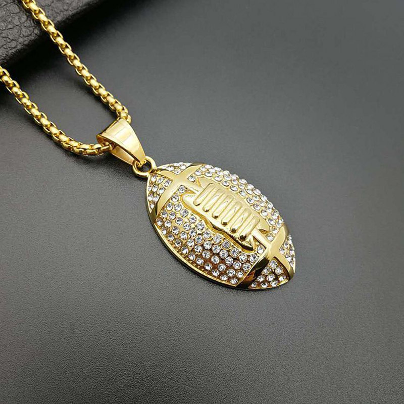 

Hip Hop Rhinestones Paved Bling Iced Out Stainless Steel America Football Pendants Necklaces for Men Rapper Jewelry