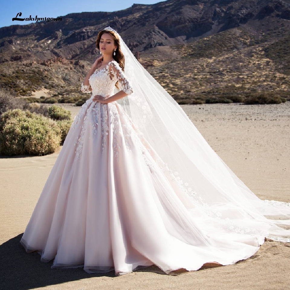 

Lakshmigown Luxury African Wedding Gowns with Floral Sleeves Muslim Wedding Dress 2020 Vestidos de Noiva Baby Pink Bridal Gown, White