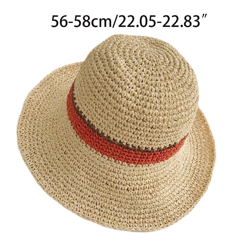 

Womens Handmade Crochet Straw Beach Sun Hat Contrast Color Stripes Adjustable Packable Wide Brim Sunscreen Holiday Bucket Cap, Gray