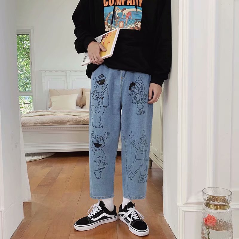 

WHolesale 2020 Spring Cartoon printed jeans men straight loose popular Korean teenagers student ankle length pants Women unisex, Light blue