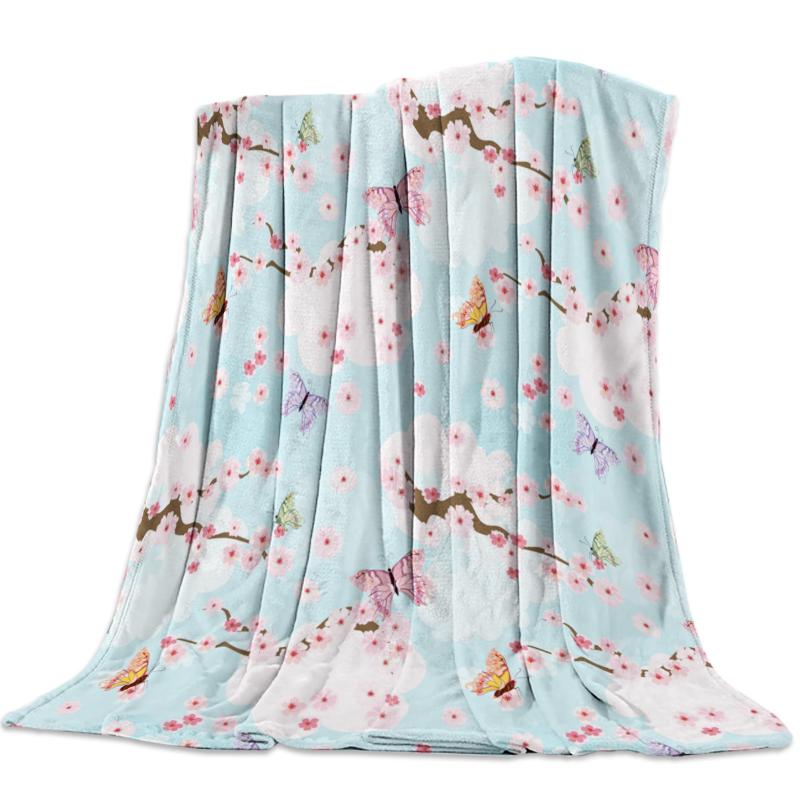 

Butterfly Flower Cherry Blossom Pink Throw Blanket Blanket Cartoon Fleece Sofa/Bed/Plane Travel Plaids Bedding Towel