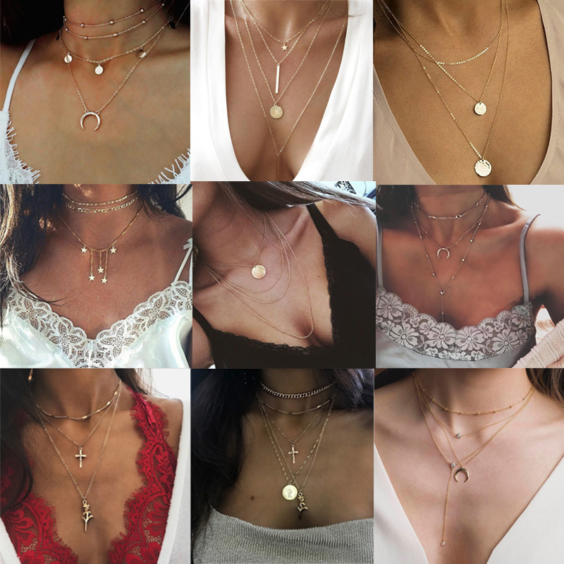 

fuyo Crystal Bohemian Multi Layer Pendant Necklaces For Women Fashion Golden Geometric Charm Chains Necklace Jewelry Best Gifts