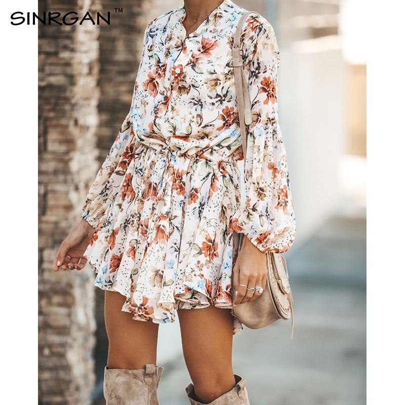 

SINRGAN Women Floral Sashes Shirt Dress Beach Ladies Loose Short Korean Dress Autumn 2020 Waist Steetwear, Gray
