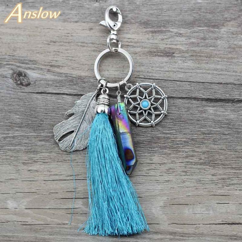 

Anslow Summer Natural Stone Tassel Keyring Vintage Silver Boho Jewelry Dreamcatcher Keychain For Women Bag Purse Handbag D016