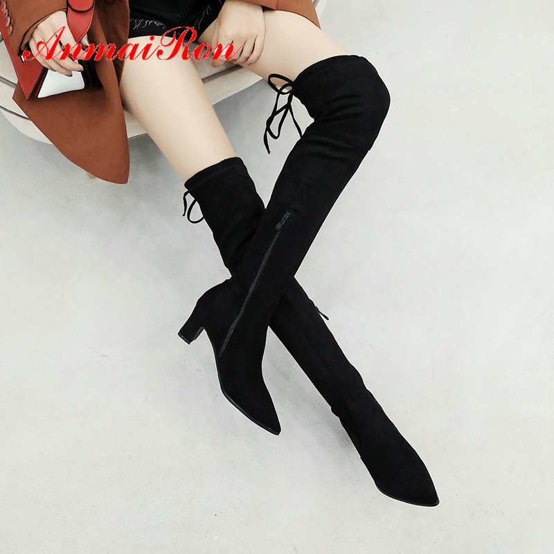 

ANMAIRON 2020 Over The Knee Boots Basic Pointed Toe Slip-On Faux Suede Slim Boots Square Heel Winter Thigh High Size 34-43, Gray