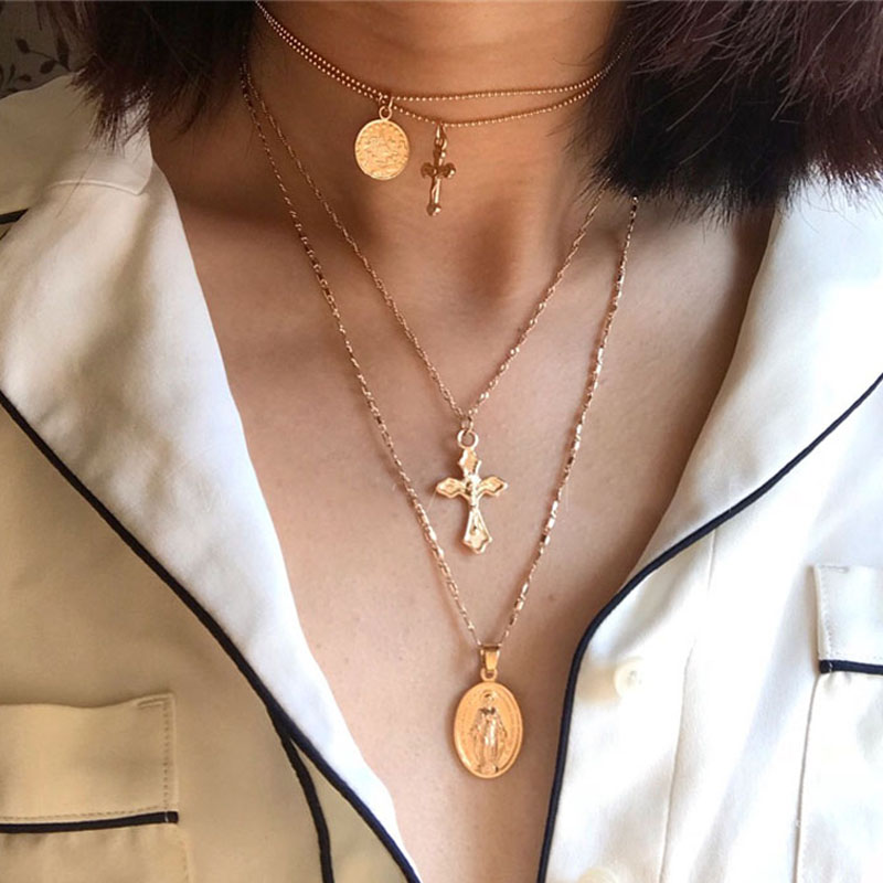 

Charms Coins Statement Choker Trendy Multi Layered Chain Gold Silver Jesus Big Cross Pendant Necklace women Jewelry collares