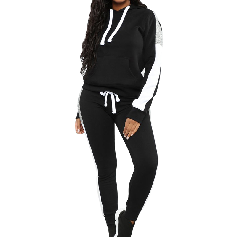 

Tracksuit Women 2 Piece Set Women' Sweat Suit Patchwork Solid Color Hooded Long Sleeve Hot Stripe Sweatshirt, Black