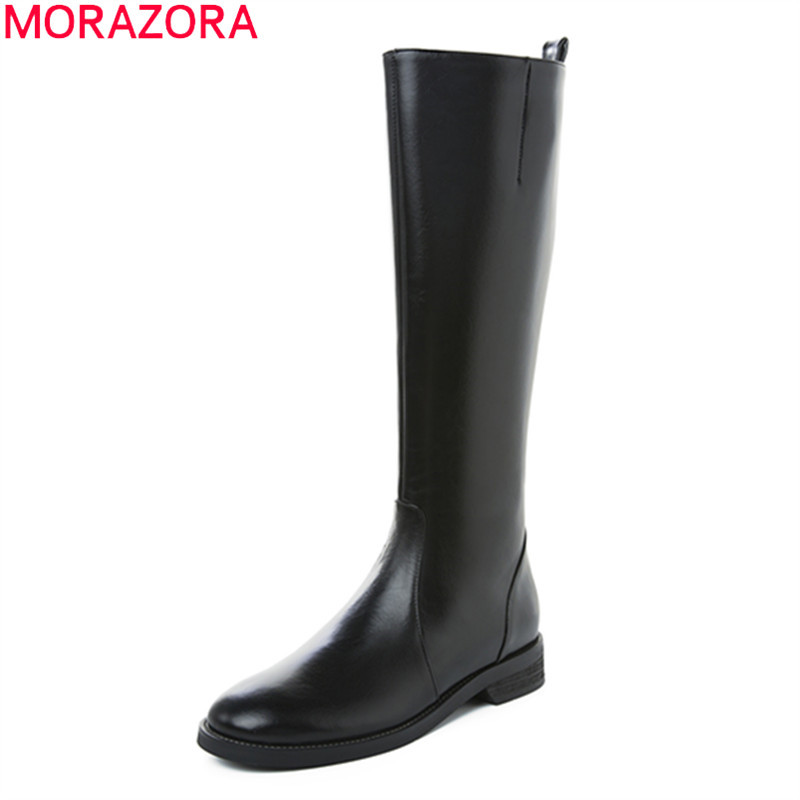

MORAZORA 2020 winter fashion genuine leather women boots low heel round toe knee high boots solid black leisure ladies shoes