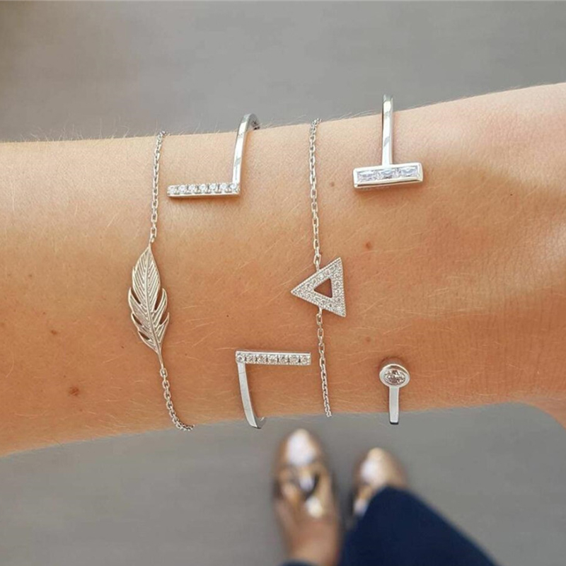

Miss JQ Romantic Geometric Triangle Round Bangles Set For Women Crystal Silver Color Charm Multilayer Bangles Bracelets Gif