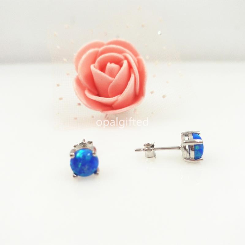 

1 pair/lot Best Selling 6mm synthetic blue Round Cabochon Opal Earrings For girls gift Fashion Stud Earrings for free shipping