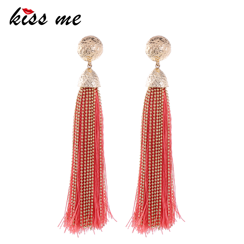 

KISS ME Long Earrings Ethnic Style Gold Color Round Red Fringe Tassel Drop Earrings Women Fashion Jewelry