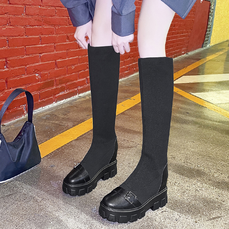 

Rimocy Black Elastic Knitted Chunky Boots Women Fashion Belt Buckle Platform Knee High Boots Woman Pu Leather High Heels Shoes