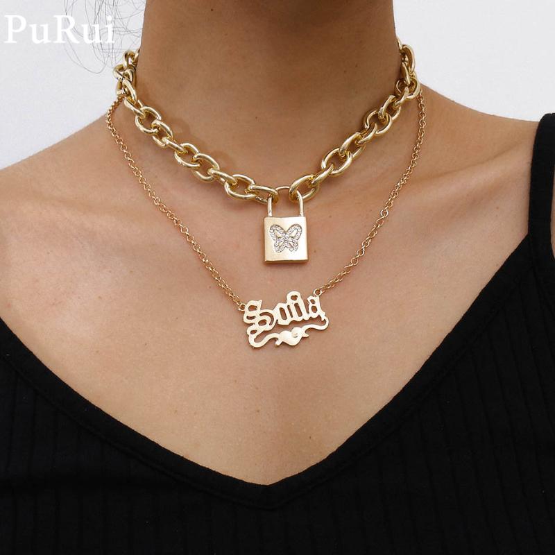 

PuRui Chunky Chain Butterfluy Padlock Pedant Necklace for Women Thicken 2Pcs LayeredGold Color Lovers Letter Choker Neckalce