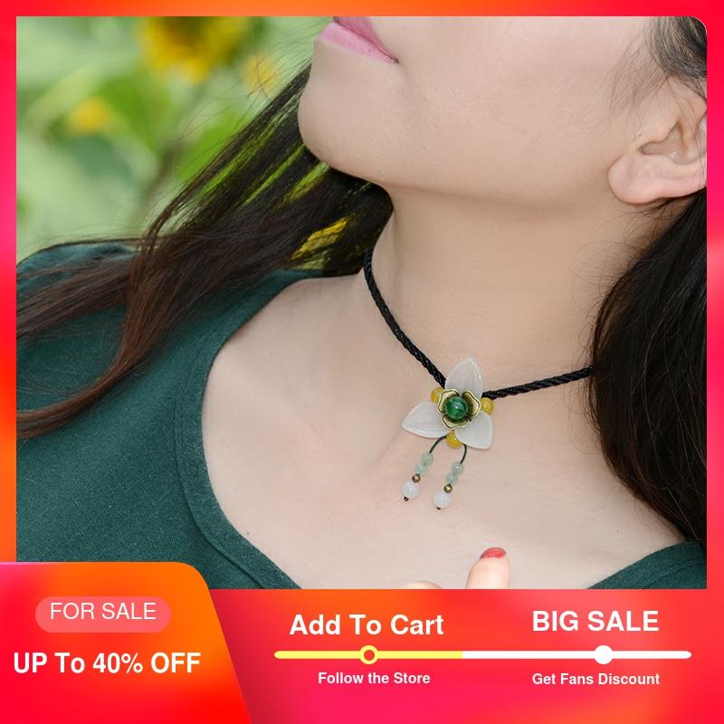 

choker necklace for women cute trendy charm fashion xiuyan stone flower green yellow beads pendant short chain vintage jewelry