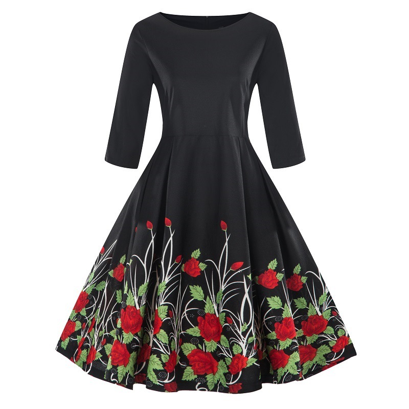 

New 2020 Robe Halloween Femme Automne Rockabilly Dress Long Sleeve Womens Winter Dresses Pinup Vintage 50s 60s Big Swing Vestido, Gold