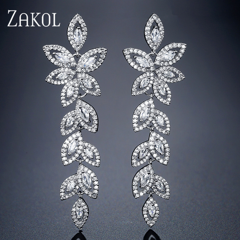 

ZAKOL Fashion Zirconia Crystal Bridal Long Drop Earrings for Women Leaves Wedding Earrings Engagement Party Jewelry FSEP2348