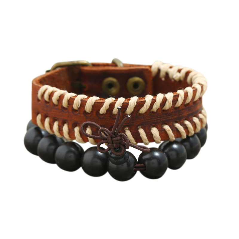 

New 2 Piece/Set Multilayer Wood Bead Leather Men Bracelet Braided Vintage Bracelets & Bangles For Male Gift Fashion Pulseira