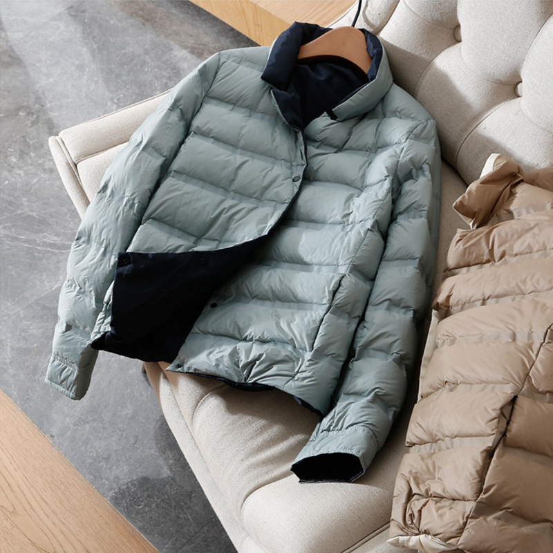 

Ailegogo Women Double Sided Stand Collar Ultra Light White Duck Down Parkas Casual Female Windproof Warm Thick Coat Outwear, Black