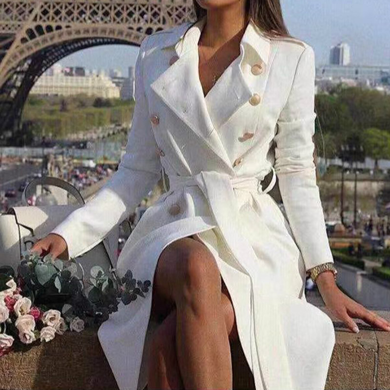 

Womens Winter White Double Breasted Trench Coat Sashes Turn Down Collar Long Trenchs Female 2020 Spring Office Outwear Ladies T200908, Tan;black