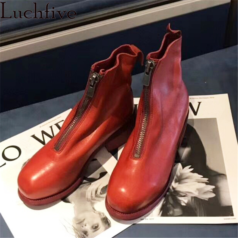

Real Leather Ankle Boots Woman Casual Cowboy Boots Front Zipper Designer Flat Sole Short 2020 Autumn Hot woma, Red ankle