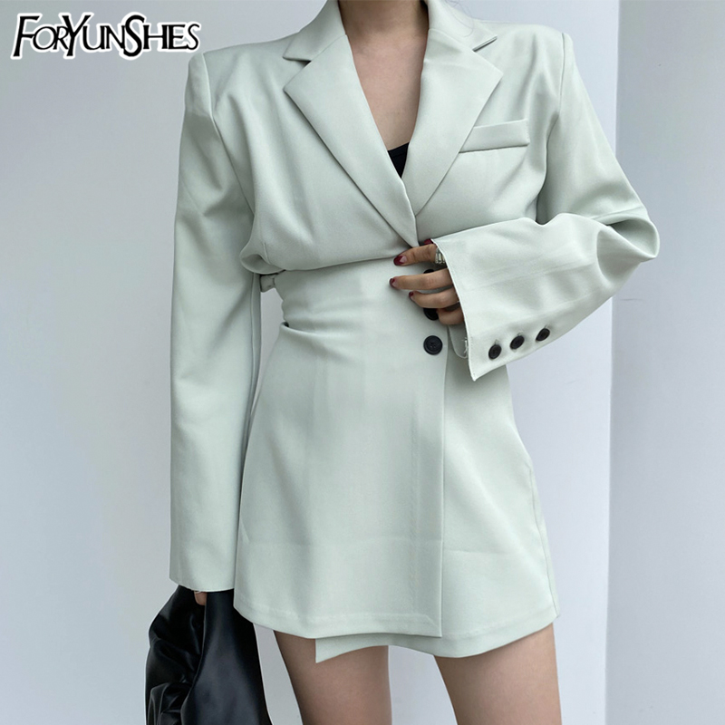

FORYUNSHES 2 Piece Set Women 2020 Autumn Korean Style Elegant Casual Notched Collar Blazer + High Waist Buttom Mini Skirt, Beige